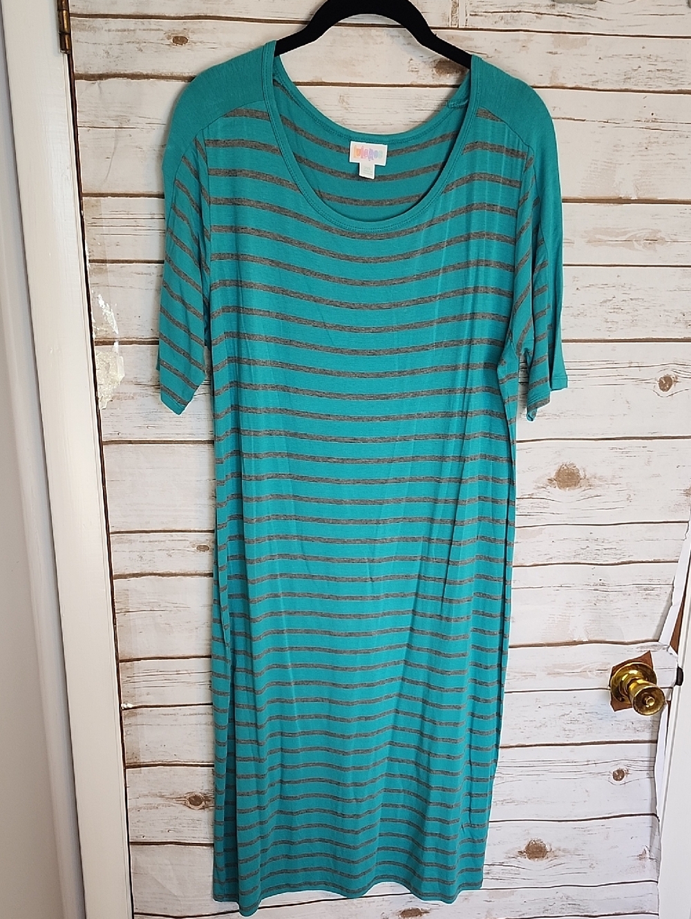 LuLaRoe Teal and Gray Striped Top 2XL